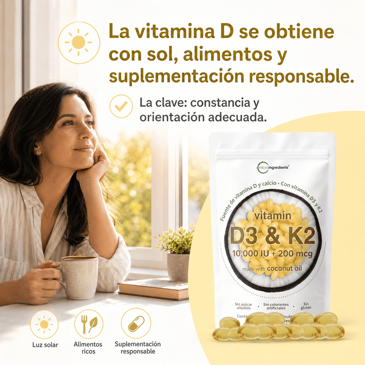 Vitamina D3 + K2 con Aceite de Coco – 90 Cápsulas