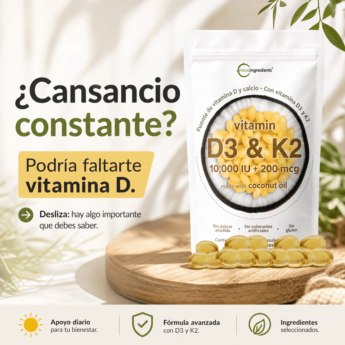 Vitamina D3 + K2 con Aceite de Coco – 90 Cápsulas